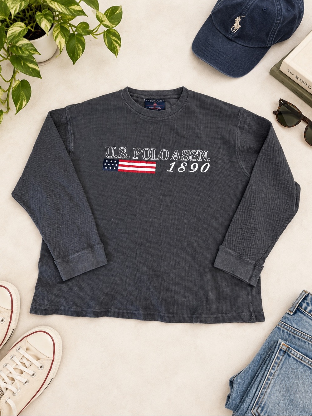 Vintage Y2K US Polo Assn 1890 Flag Waffle Knit Thermal Long Sleeve XL
